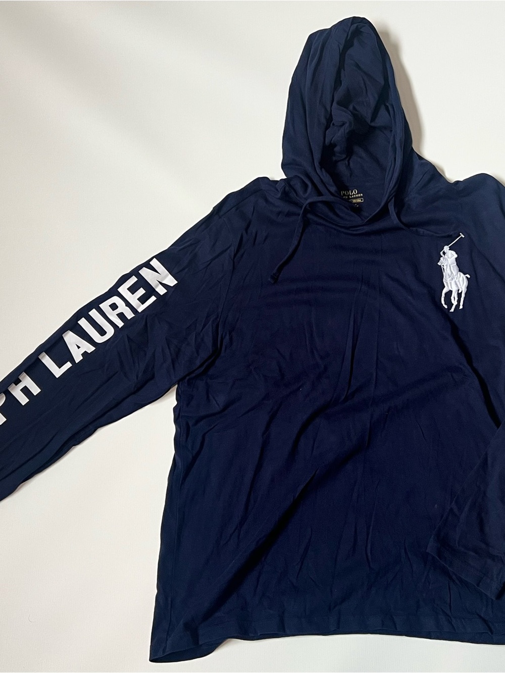 Polo by Ralph Lauren Navy Hooded Long Sleeve Shirt with White Pony & Sleeve Logo